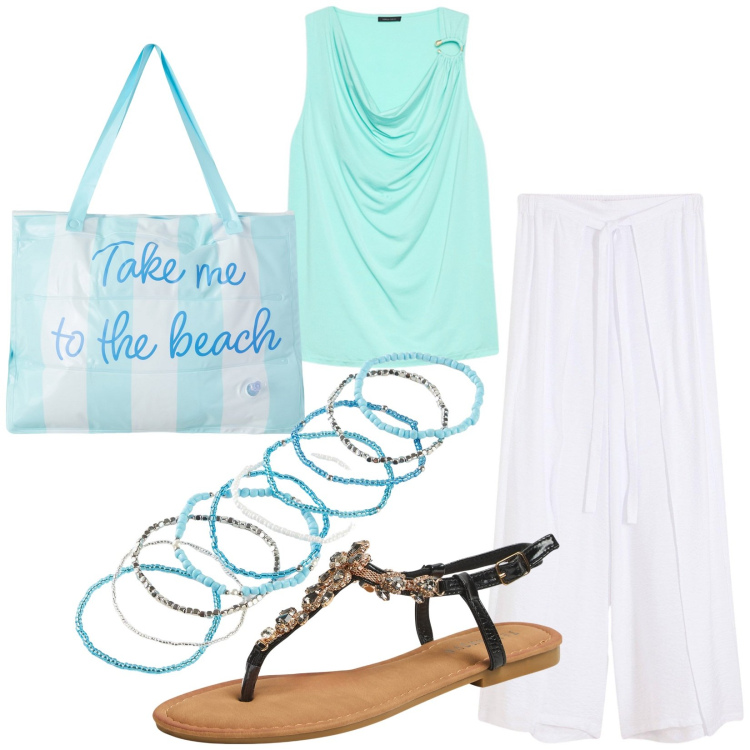 Outfit donna - Total look #2204527. Stile Casual per Tutti i giorni. Abbinamento con braccialetti, pantaloni a palazzo, borse tote, sandali gioiello, top.