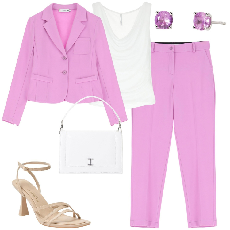 Outfit donna - Please. Stile Urban per Tutti i giorni. Abbinamento con sandali col tacco, orecchini, pantaloni, blazer, borse a tracolla, top.