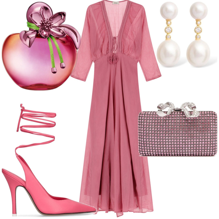 Outfit donna - Total look #2204532. Stile Bon Ton per Cerimonia. Abbinamento con profumi, vestiti lunghi, décolleté, orecchini, pochette.