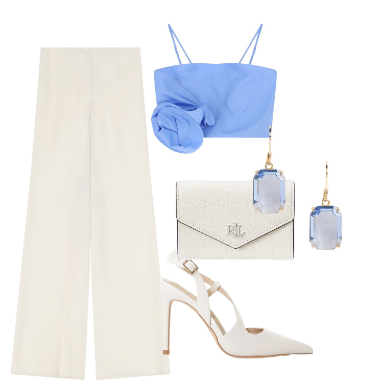 Outfit donna - L\'eleganza del bianco e dell\'azzurro. Stile Glamour per Serata fuori. Abbinamento con pantaloni, top, décolleté, orecchini, portafogli.