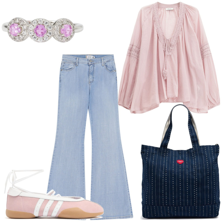 Outfit donna - Total look #2204545. Stile Urban per Tutti i giorni. Abbinamento con anelli, jeans a zampa, camicie, sneakers, borse tote.