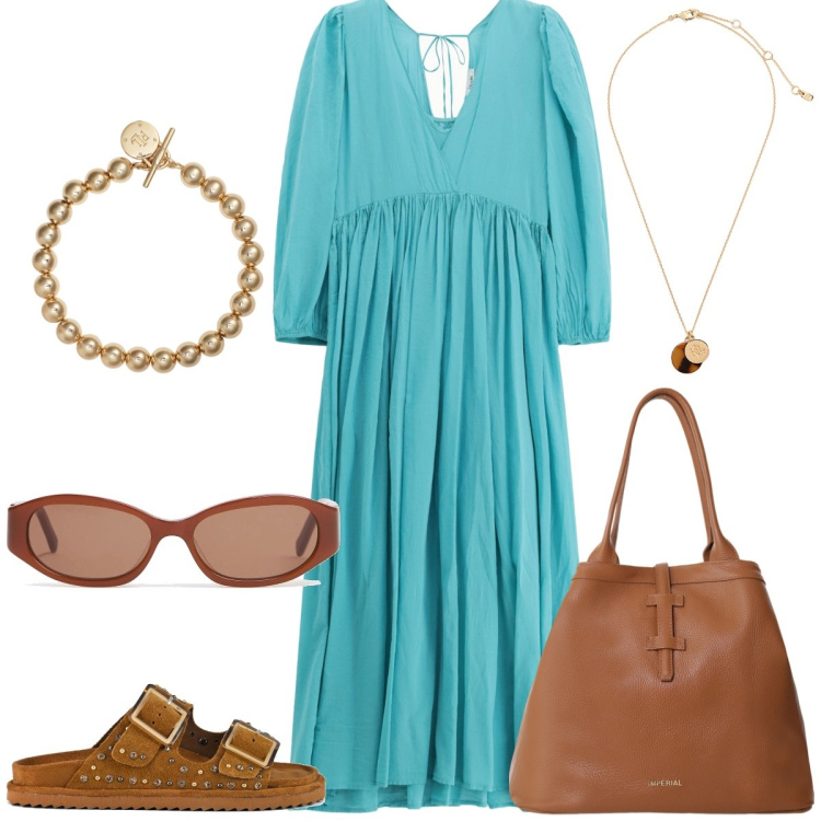 Outfit donna - Total look #2204546. Stile Boho per Tutti i giorni. Abbinamento con borse tote, vestiti lunghi, braccialetti, collane, sandali, occhiali da sole.