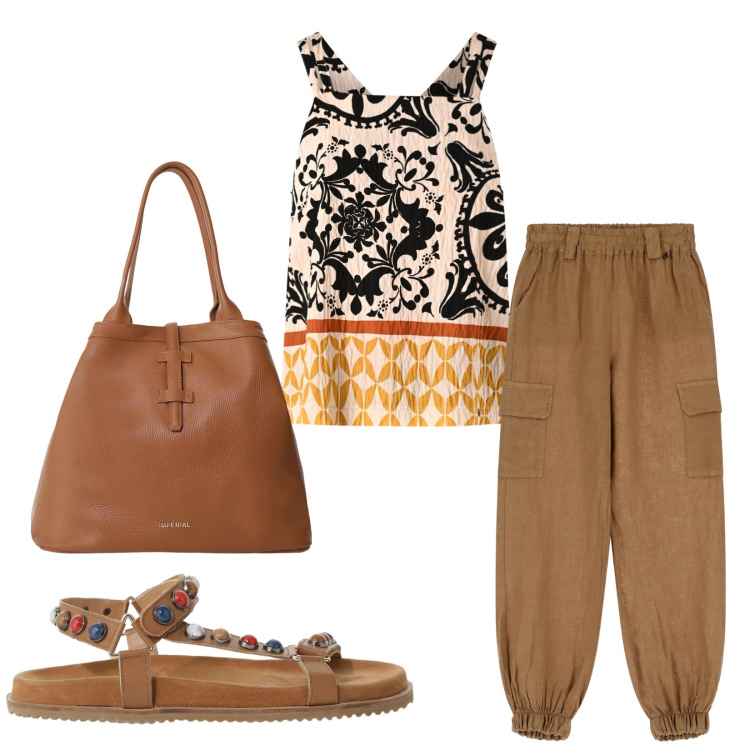 Outfit donna - Total look #2204549. Stile Urban per Tutti i giorni. Abbinamento con top, borse tote, pantaloni, sandali.