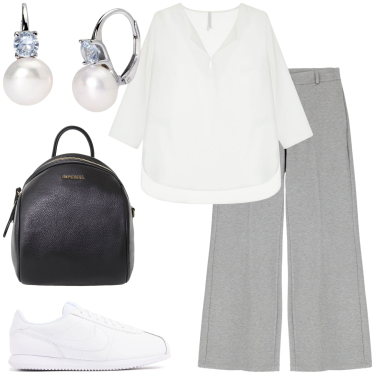 Outfit donna - Total look #2204556. Stile Basic per Scuola/Università. Abbinamento con orecchini, pantaloni a palazzo, bluse, zaini, sneakers.