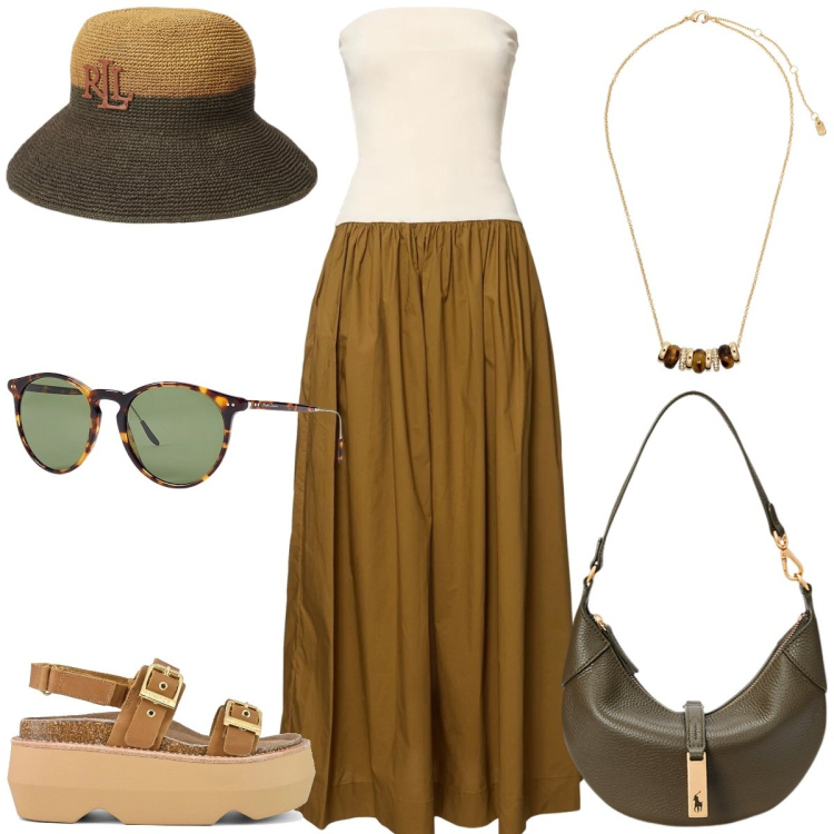 Outfit donna - Total look #2204557. Stile Casual chic per Tutti i giorni. Abbinamento con borse a spalla, collane, occhiali da sole, cappelli, sandali col tacco, vestiti.