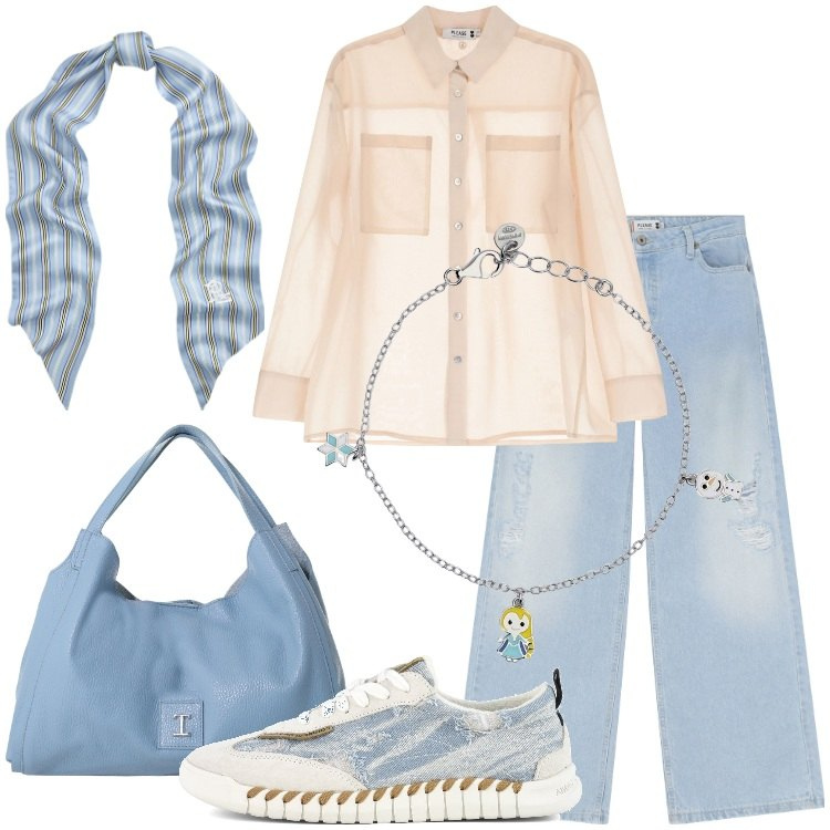 Outfit donna - Please - Summer Sale SS25. Stile Basic per Tutti i giorni. Abbinamento con braccialetti con ciondoli, pochette, camicie, jeans strappati, foulard, sneakers.