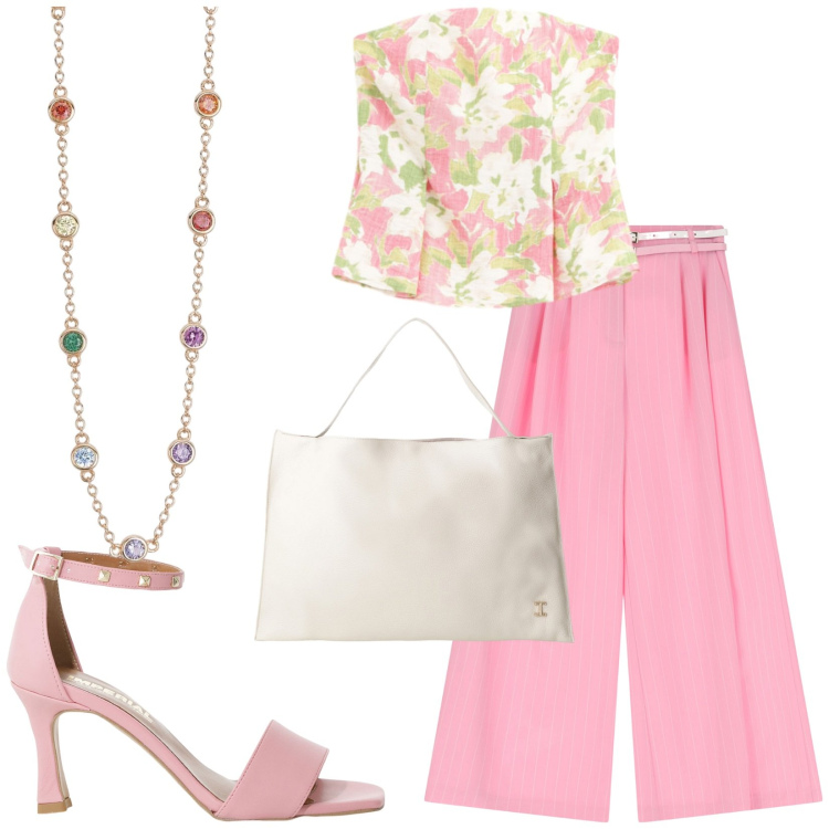 Outfit donna - Total look #2204566. Stile Romantica per Cerimonia. Abbinamento con collane, top, sandali col tacco, pantaloni a palazzo, borse a spalla.