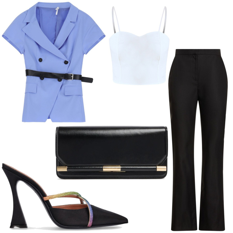 Outfit donna - Total look #2204568. Stile Trendy per Cerimonia. Abbinamento con top, blazer, pantofole, pochette, pantaloni.