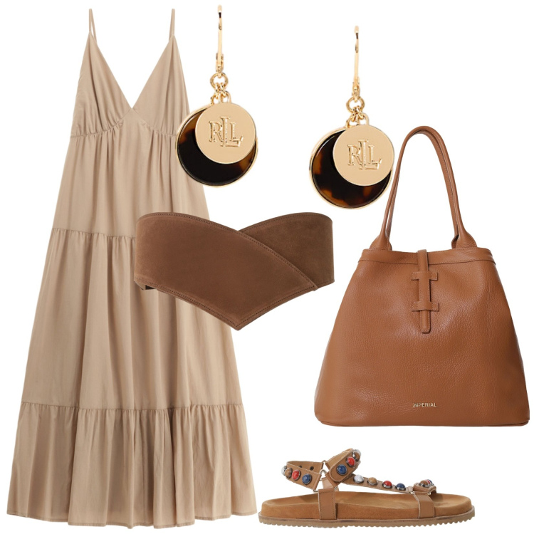 Outfit donna - Boho Summer 25. Stile Boho per Tutti i giorni. Abbinamento con vestiti lunghi, borse tote, sandali, cinture, orecchini.