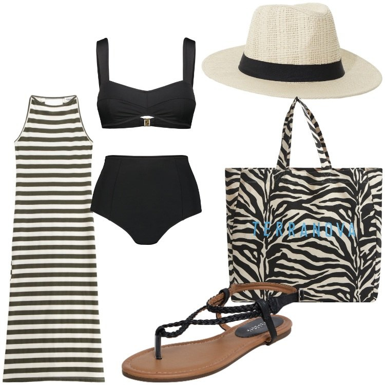 Outfit donna - Passeggiata con tuffo. Stile Casual per Mare. Abbinamento con ciabatte, borse tote, cappelli, vestiti lunghi, bikini.