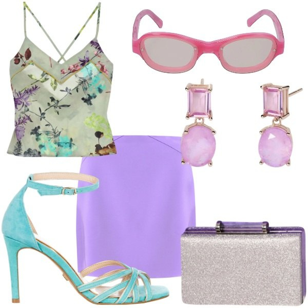 Outfit donna - Bantoa Summer Sales. Stile Glamour per Tutti i giorni. Abbinamento con canottiere, orecchini, sandali col tacco, pochette, minigonne, occhiali da sole.