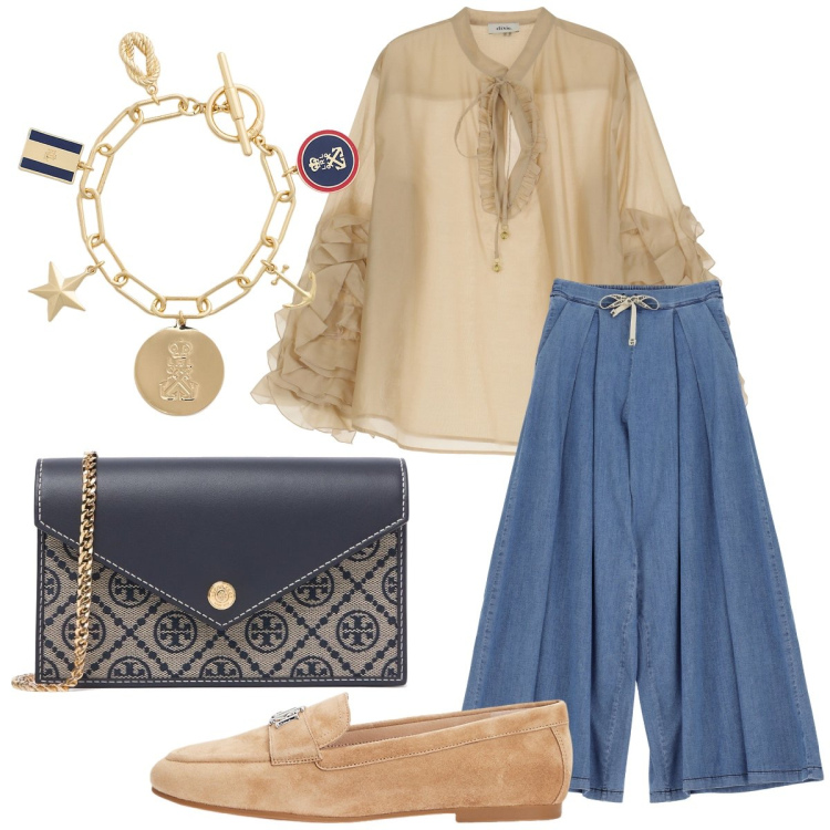 Outfit donna - Aperitivo dopo il lavoro. Stile Casual chic per Serata fuori. Abbinamento con camicie, jeans, mocassini, braccialetti con ciondoli, pochette.