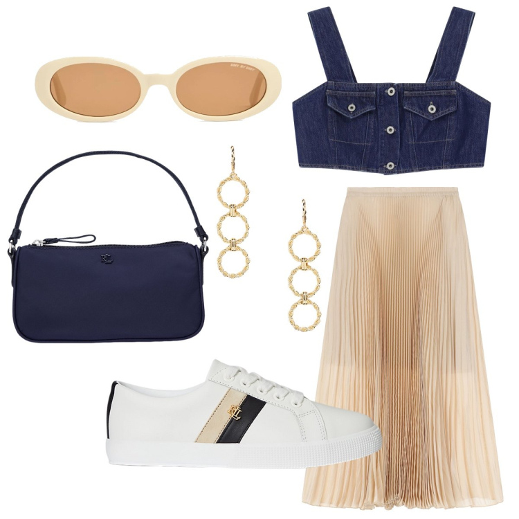 Outfit donna - Il top in denim. Stile Casual chic per Tutti i giorni. Abbinamento con top, gonne lunghe, sneakers, pochette, orecchini, occhiali da sole.