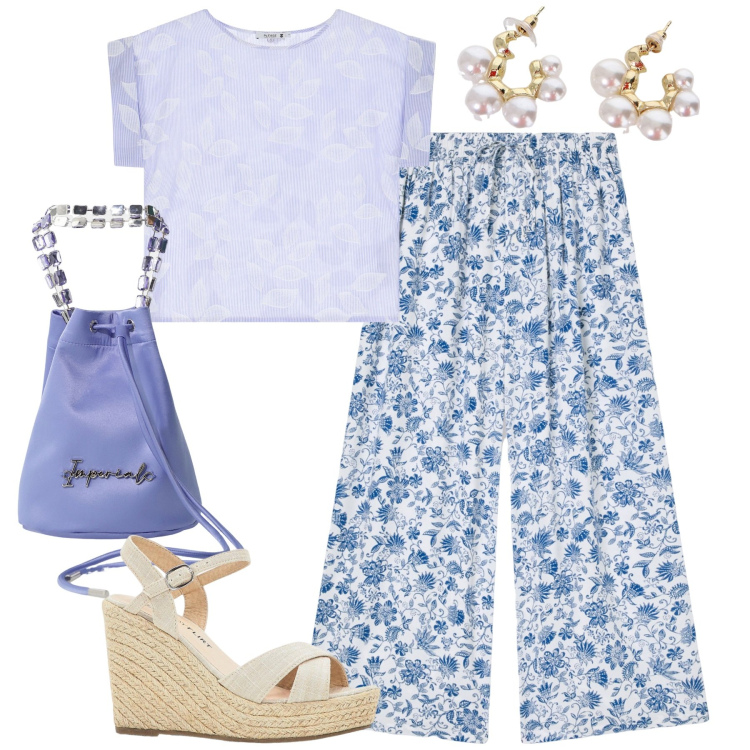 Outfit donna - Luglio. Stile Casual per Tutti i giorni. Abbinamento con sandali, pantaloni a palazzo, maglieria, borse a secchiello, orecchini.
