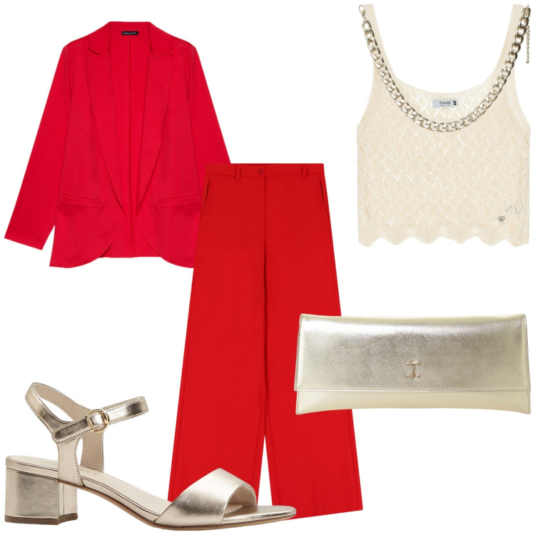 Outfit donna - Total look #2204603. Stile Glamour per Cerimonia. Abbinamento con sandali col tacco, collane, top, pochette, pantaloni, blazer.