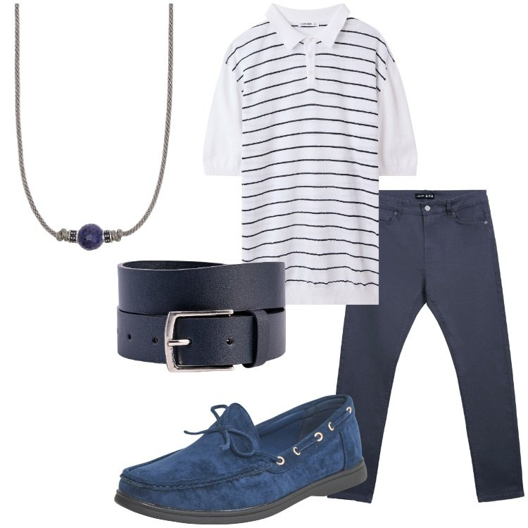 Outfit uomo - Maxi polo estiva. Stile Casual per Tutti i giorni. Abbinamento con scarpe stringate, polo, pantaloni skinny, collane, cinture.