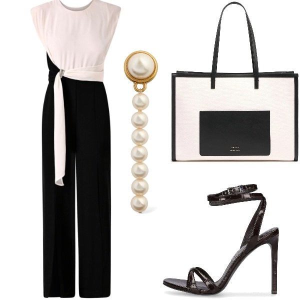 Outfit donna - Cerimonia tra intimi. Stile Glamour per Serata fuori. Abbinamento con tute, sandali in pelle, orecchini, borse tote.