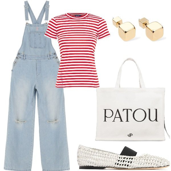 Outfit donna - Serata tra amici. Stile Casual chic per Tutti i giorni. Abbinamento con salopette, shopping bag, orecchini, ballerine, t-shirt.