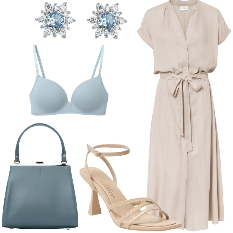 Outfit donna - Total look #2204626. Stile Bon Ton per Ufficio. Abbinamento con vestiti chemisier, reggiseni, sandali col tacco, orecchini, clutch.