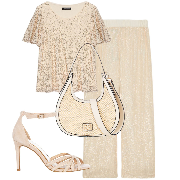 Outfit donna - Fiorella Rubino. Stile Minimal per Tutti i giorni. Abbinamento con sandali col tacco, borse a mano, t-shirt, pantaloni.