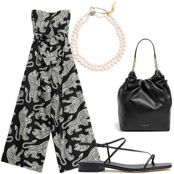 Outfit donna - A cena fuori. Stile Casual chic per Serata fuori. Abbinamento con tute, borse tote, sandali in pelle, collane.