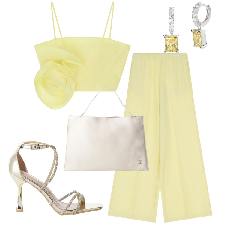 Outfit donna - Giallo chiaro. Stile Minimal per Tutti i giorni. Abbinamento con orecchini, sandali col tacco, pantaloni, borse a spalla, top.
