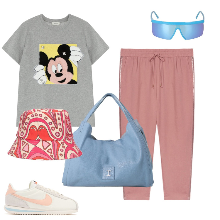 Outfit donna - Sporty. Stile Sporty chic per Tutti i giorni. Abbinamento con pochette, t-shirt, pantaloni, sneakers, cappelli, occhiali da sole.