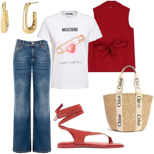 Outfit donna - Le serate di Luglio. Stile Casual chic per Serata fuori. Abbinamento con orecchini, jeans, gilet, t-shirt, sandali in pelle, shopping bag.