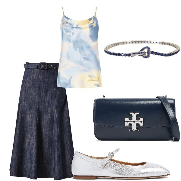 Outfit donna - A cena fuori. Stile Casual chic per Serata fuori. Abbinamento con braccialetti, gonne longuette, top, ballerine, borse a spalla.