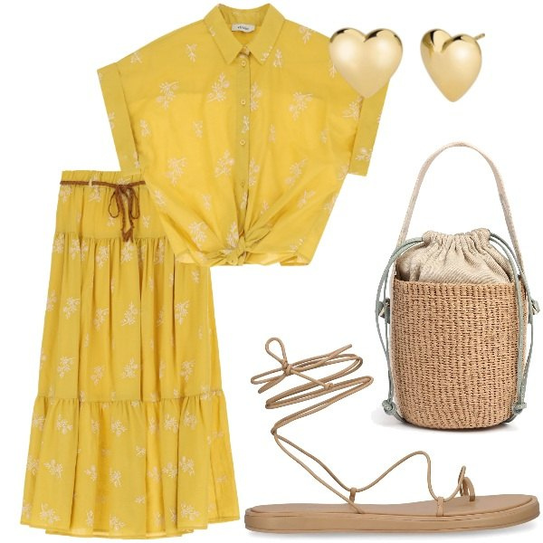 Outfit donna - Outifit di luglio. Stile Casual per Tutti i giorni. Abbinamento con orecchini, gonne lunghe, camicie a manica corta, borse a secchiello, sandali in pelle.
