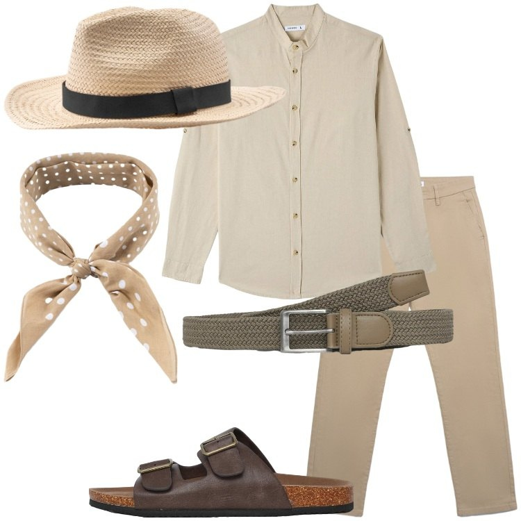 Outfit uomo - Accessori in corda e tessuto. Stile Trendy per Tutti i giorni. Abbinamento con camicie, cinture, pantaloni chino, sandali, sciarpe e foulard, cappelli.