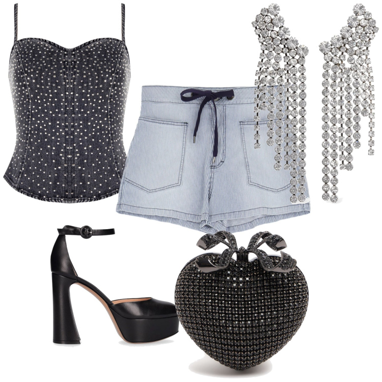 Outfit donna - Sexy romantica. Stile Glamour per Serata fuori. Abbinamento con top, shorts, pochette, orecchini, décolleté.