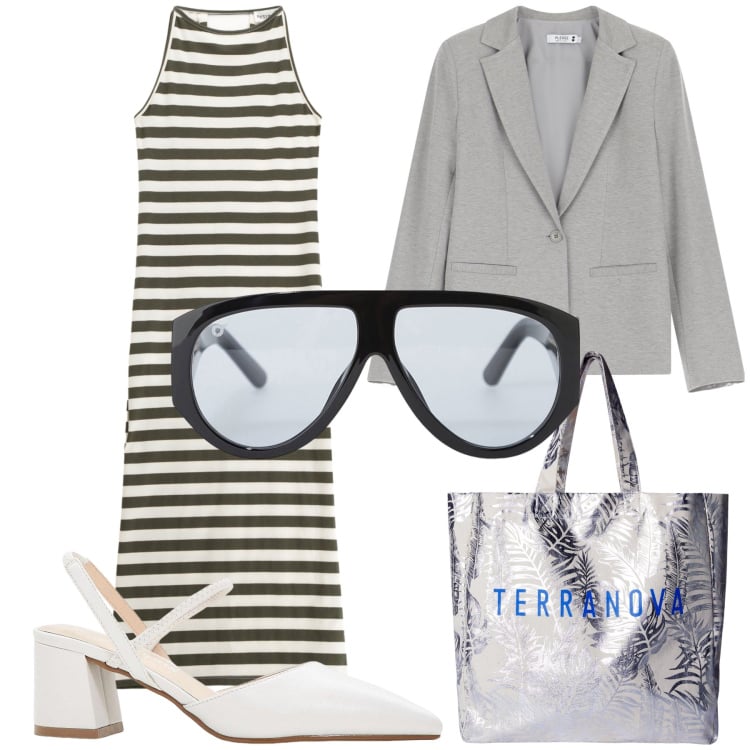 Outfit donna - Ufficio a righe. Stile Urban per Ufficio. Abbinamento con décolleté, borse tote, blazer, occhiali da sole, vestiti lunghi.