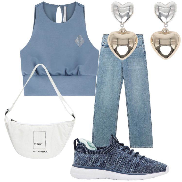Outfit donna - Cuori sul jeans. Stile Casual chic per Tutti i giorni. Abbinamento con sneakers, marsupi, orecchini, jeans, top.