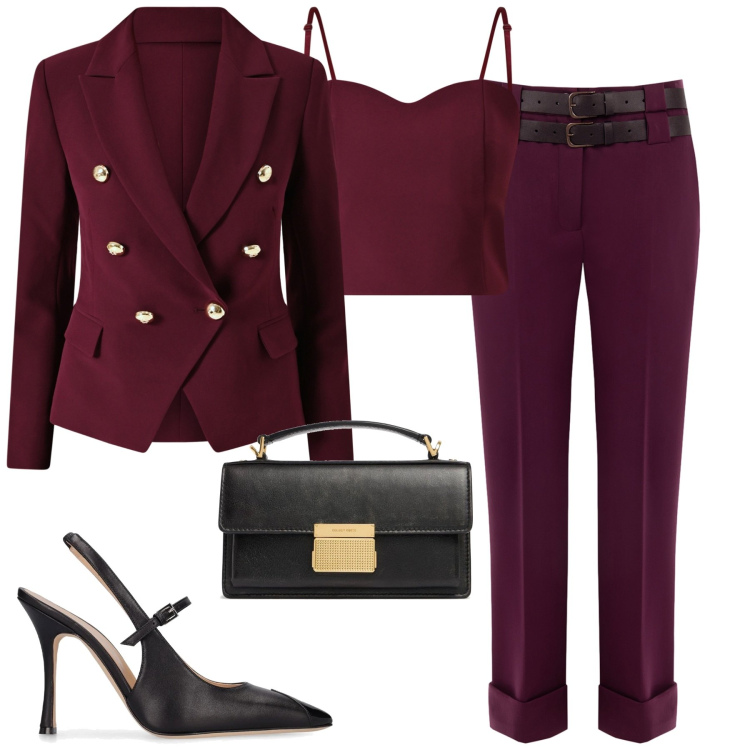 Outfit donna - Serata. Stile Chic per Serata fuori. Abbinamento con blazer, pantaloni, top, borse a mano, décolleté.