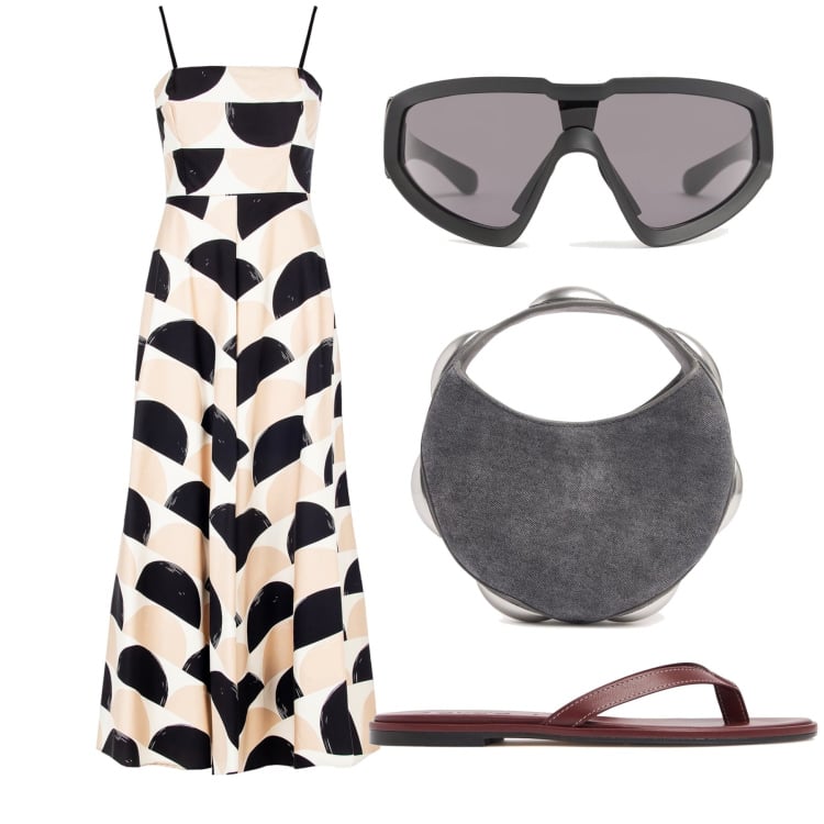 Outfit donna - Fresco abito per un pomeriggio city. Stile Urban per Tutti i giorni. Abbinamento con vestiti midi/longuette, borse a mano, occhiali da sole, ciabatte.