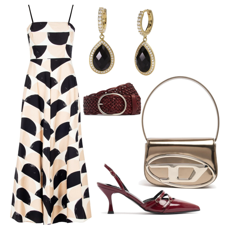 Outfit donna - Al battesimo. Stile Glamour per Cerimonia. Abbinamento con vestiti midi/longuette, orecchini, décolleté, cinture, borse a spalla.