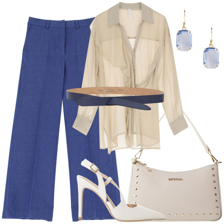 Outfit donna - Blu e sabbia. Stile Casual chic per Tutti i giorni. Abbinamento con pantaloni a palazzo, décolleté, camicie, borse a spalla, cinture, orecchini.