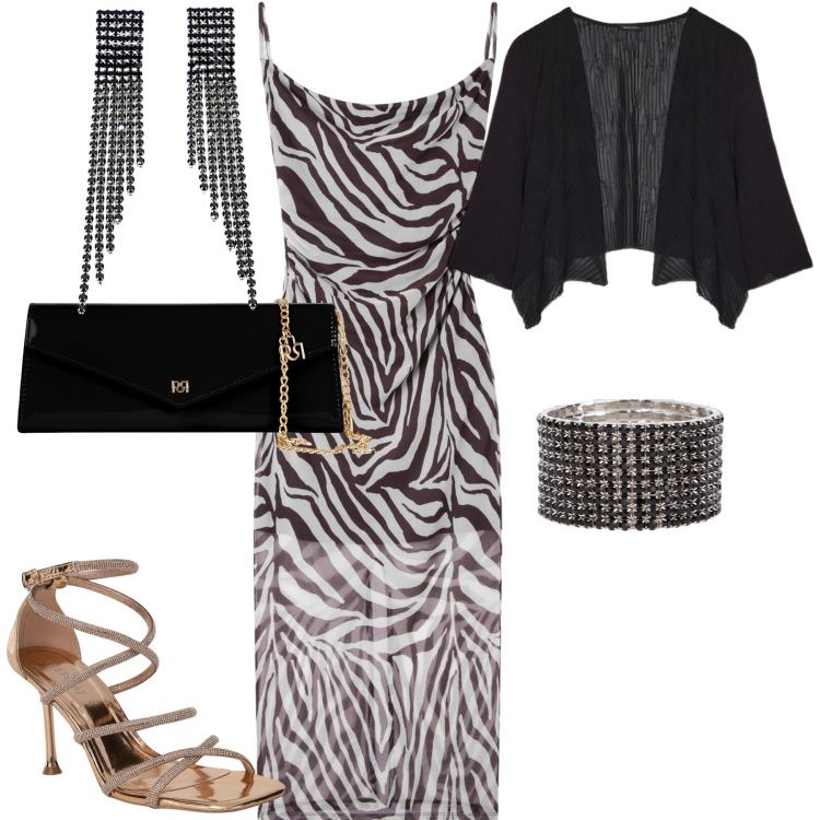 Outfit donna - Serata. Stile Chic per Serata fuori. Abbinamento con vestiti lunghi, sandali col tacco, pochette, braccialetti, orecchini, bolero.