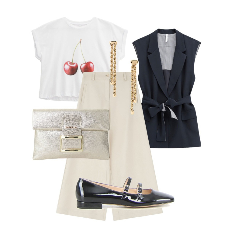 Outfit donna - Ciliegie di sera ...cherry!. Stile Glamour per Serata fuori. Abbinamento con gilet, t-shirt, pantaloni a palazzo, pochette, orecchini, ballerine.