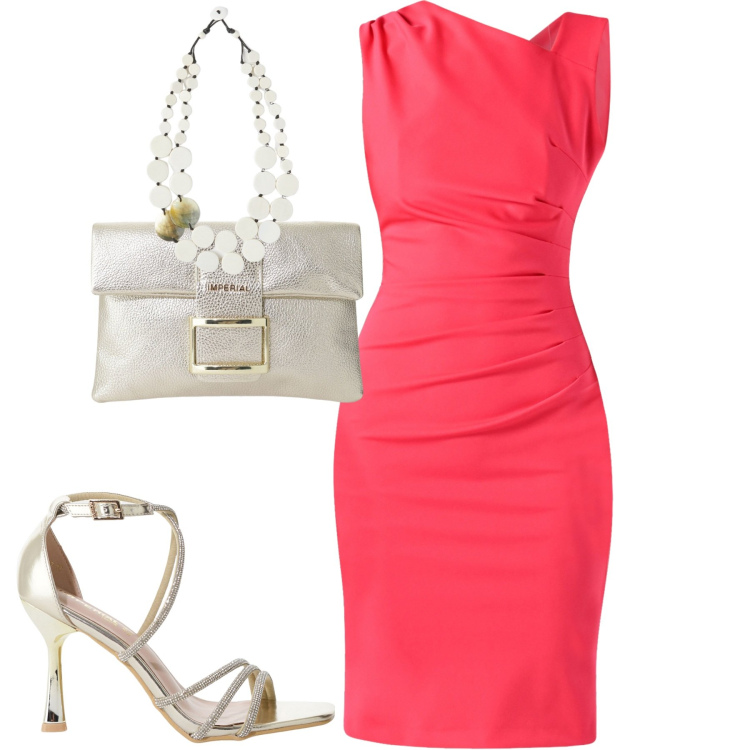 Outfit donna - Serata. Stile Chic per Serata fuori. Abbinamento con vestiti asimmetrici, pochette, sandali col tacco, ciondoli.