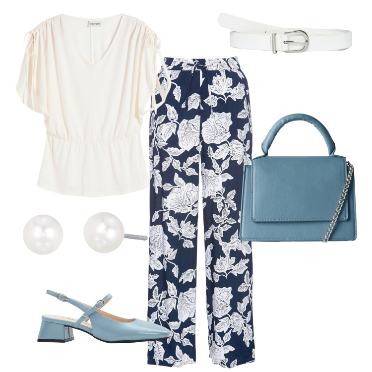 Outfit donna - Rose bianche. Stile Bon Ton per Tutti i giorni. Abbinamento con pantaloni a palazzo, maglieria, décolleté, borse a tracolla, cinture, orecchini.