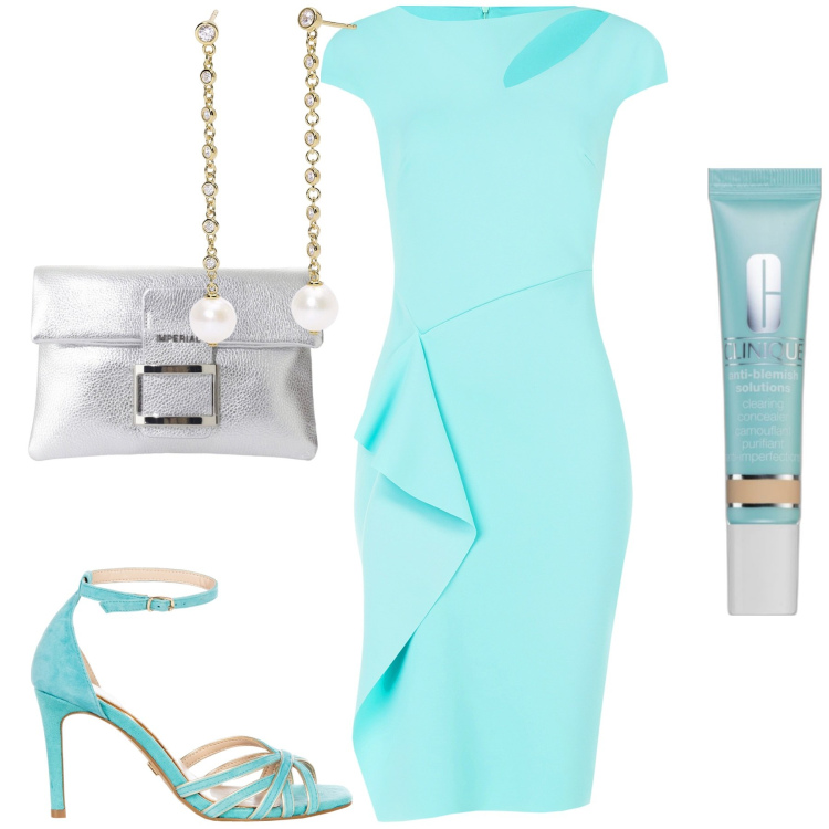 Outfit donna - Cerimonia. Stile Chic per Cerimonia. Abbinamento con correttori, orecchini, vestiti a tubino, sandali col tacco, pochette.
