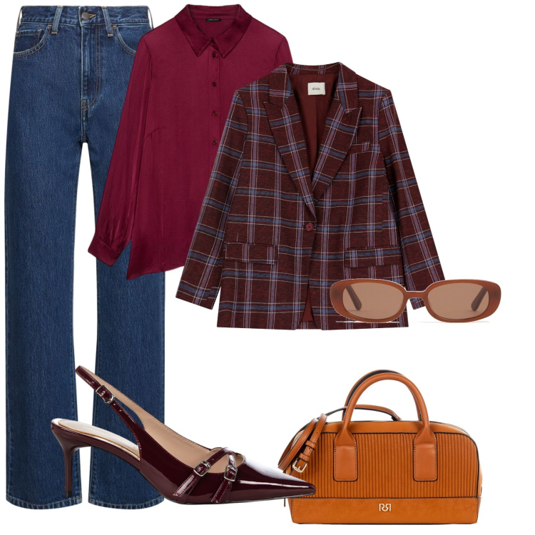 Outfit donna - Burgundi. Stile Bon Ton per Ufficio. Abbinamento con décolleté, borse a mano, blazer, camicie, occhiali da sole, jeans dritti.