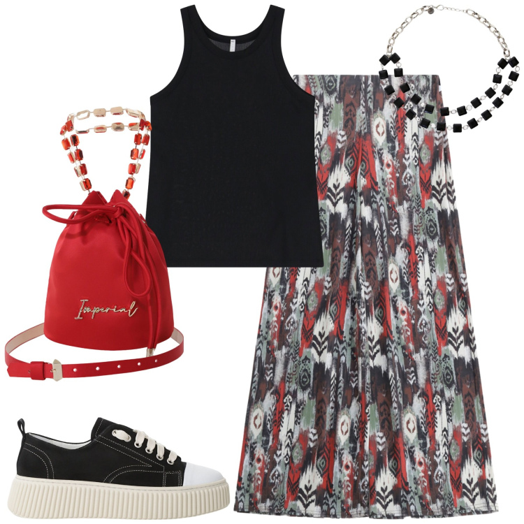 Outfit donna - Total look #2204698. Stile Urban per Tutti i giorni. Abbinamento con pantaloni, sneakers, borse a secchiello, top, collane.
