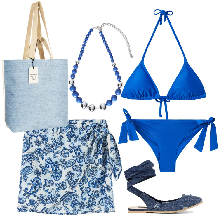 Outfit donna - Outfit da spiaggia curvy. Stile Casual per Mare. Abbinamento con vestiti da spiaggia, bikini, bikini, borse tote, collane, ballerine.