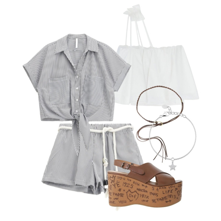 Outfit donna - Serate d\'estate...quelle belle!. Stile Minimal per Serata fuori. Abbinamento con braccialetti con ciondoli, pantaloni corti, top, camicie a manica corta, zeppe, cinture.