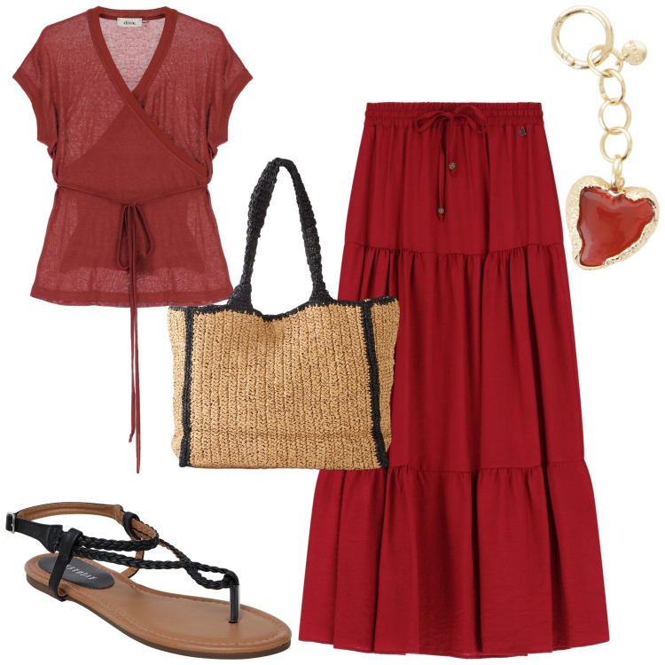 Outfit donna - Al mare. Stile Boho per Mare. Abbinamento con shopping bag, ciabatte, gonne lunghe, ciondoli, top.