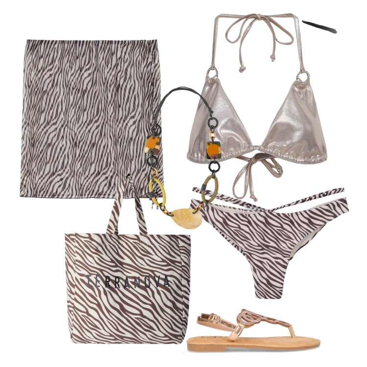 Outfit donna - Outfit da spiaggia curvy 3. Stile Glamour per Mare. Abbinamento con borse tote, bikini, vestiti da spiaggia, bikini, collane, sandali in pelle.