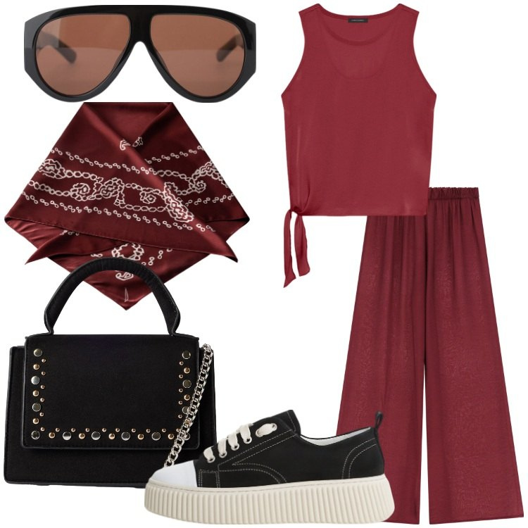 Outfit donna - Accessori in primo piano. Stile Trendy per Tutti i giorni. Abbinamento con borse a tracolla, sneakers, occhiali da sole, pantaloni, top, foulard.